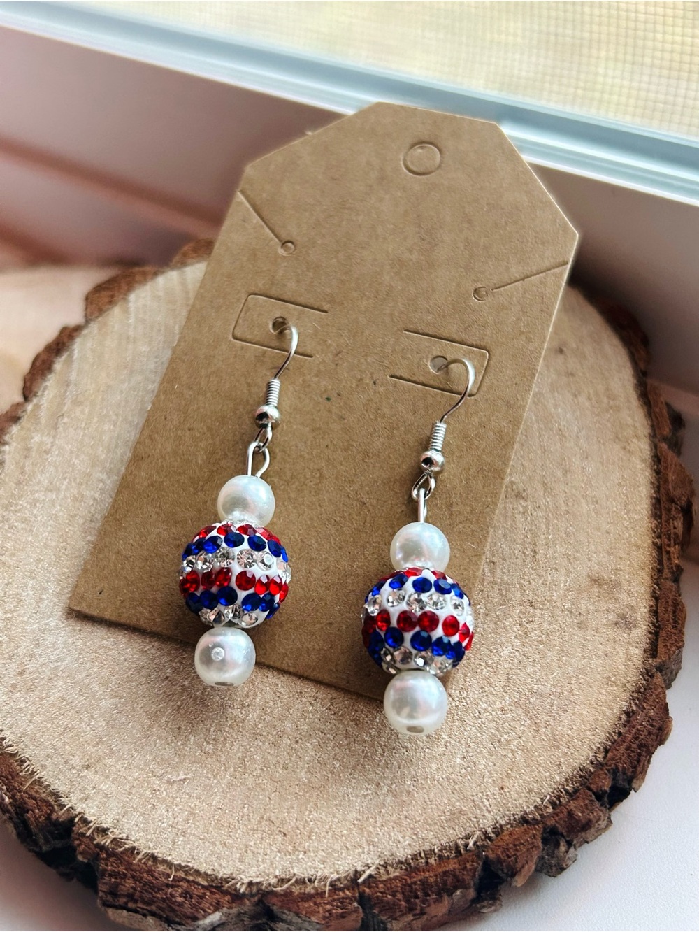 Handmade Patriotic Rhinestone Beaded Earrings Red White Blue Pearl Dangle
